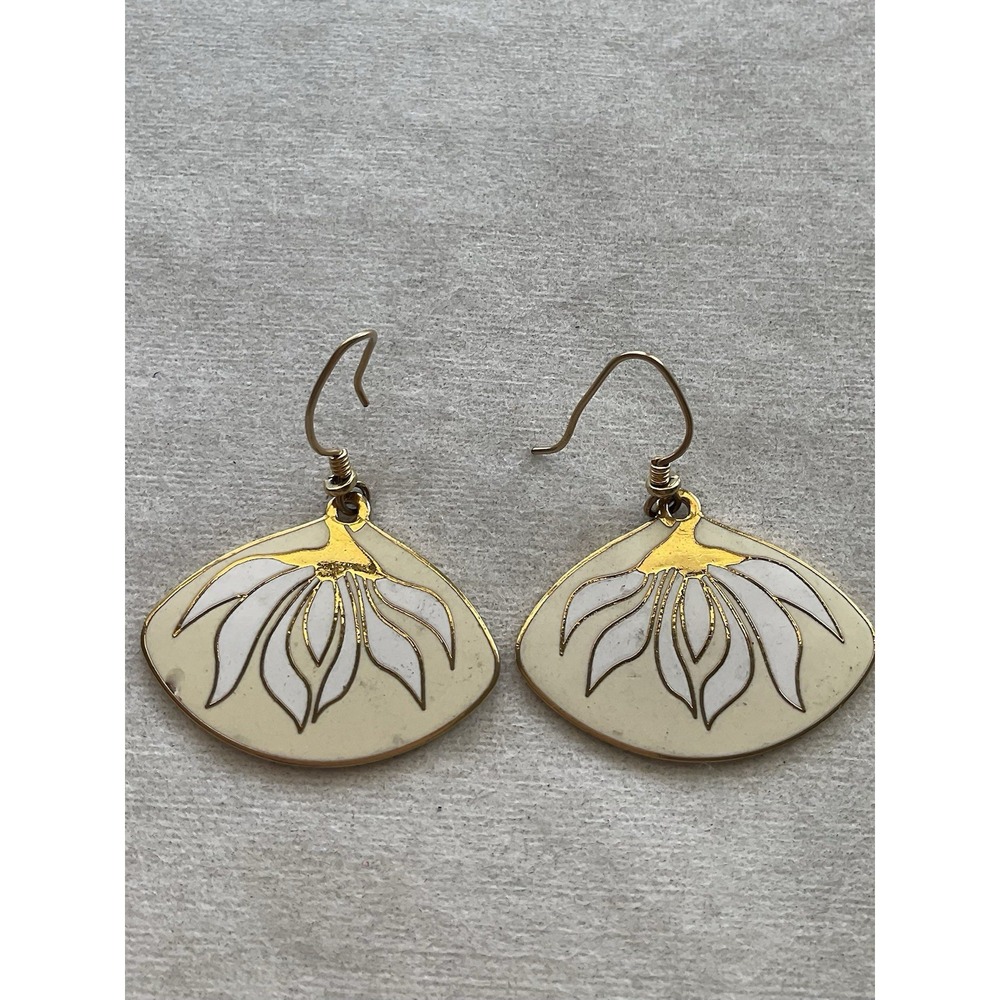 vintage Laurel Burch cream and white enamel fan-shaped dangle earrings